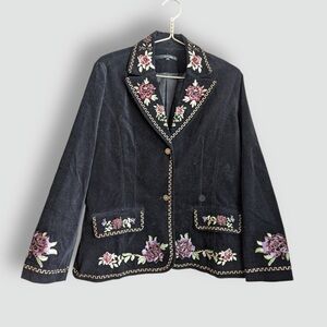 AnnaRita A Black Velvet Embroidered Floral Blazer Boho Chic Statement Jacket